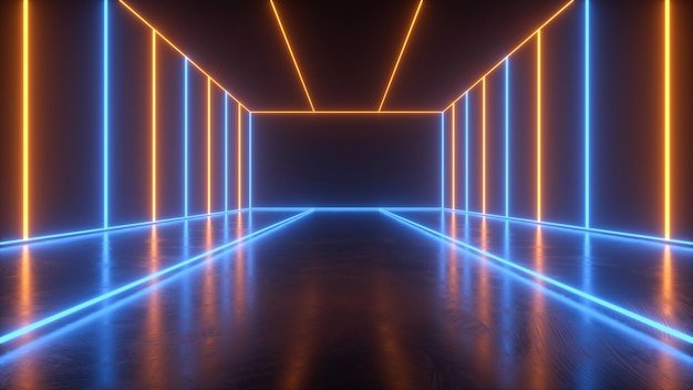 Abstract corridors in neon light science fiction future spaceship concept 3D rendering