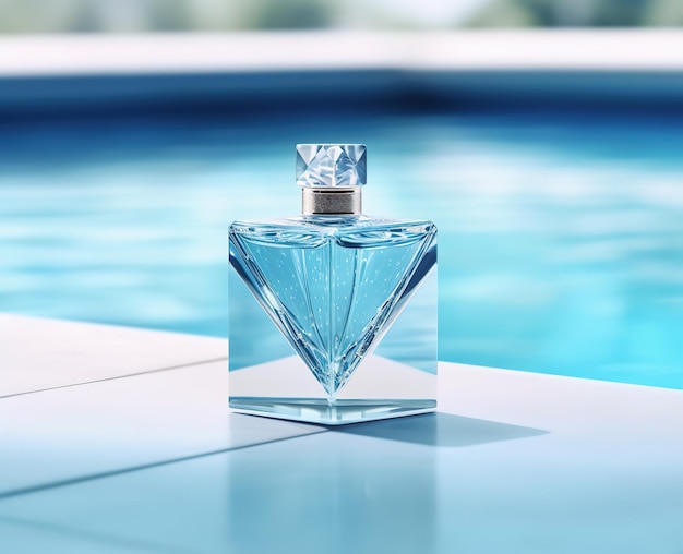 Abstract cosmetisch parfum op blauwe pool mock-up reclame