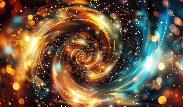 Abstract cosmic swirl with vibrant colors and glittering particles