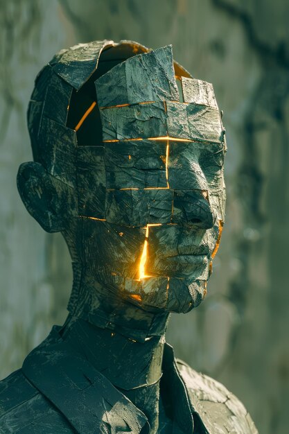 Photo abstract cracked stone statue head with glowing cracks on textured background artistic conceptual