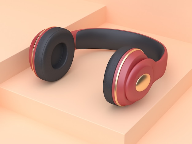 abstract cream scene red gold headphones music technology concept 3d rendering