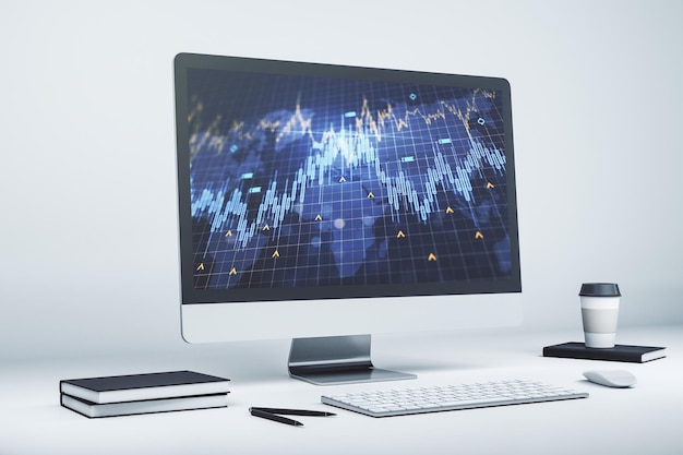 Abstract creatief financieel diagram met wereldkaart op moderne computermonitor banking en accounting concept 3D Rendering