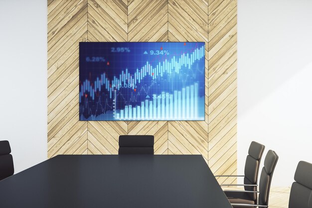 Abstract creatief financieel diagram op presentatiemonitor in een modern bestuurskamerbankieren en boekhoudingsconcept 3D Rendering