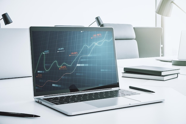 Abstract creatief statistiekgegevenshologram op moderne computermonitoranalyse en voorspellingsconcept 3D-rendering