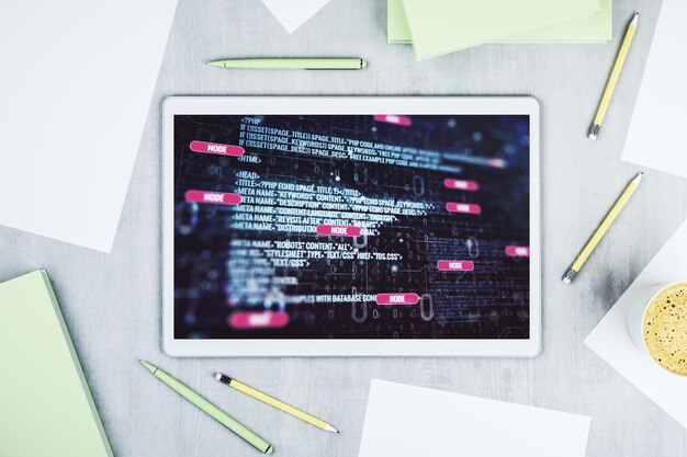 Abstract creative coding concept on modern digital tablet screen Top view 3D Rendering