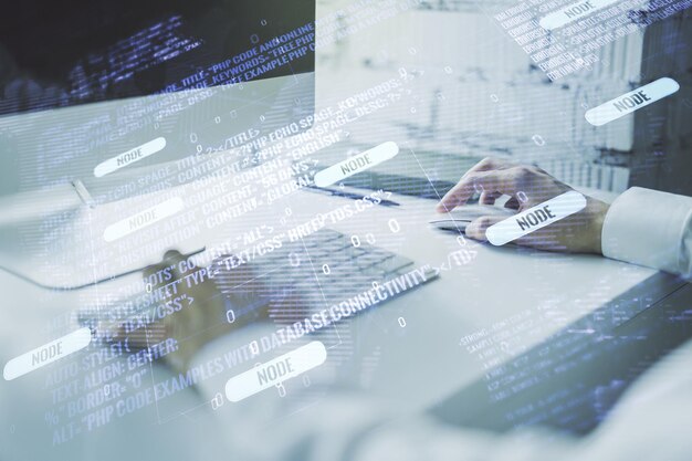 Abstract creative coding concept with world map and hands typing on laptop on background Multiexposure