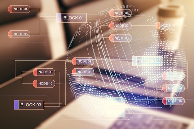 Abstract creative coding concept with world map on modern laptop background Multiexposure