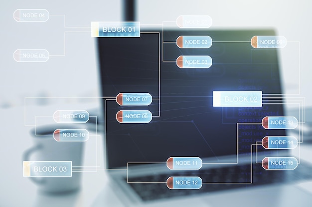 Abstract creative coding illustration on modern computer background software development concept Multiexposure