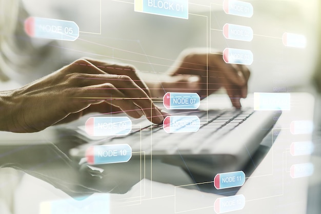 Abstract creative coding illustration with hands typing on laptop on background software development concept Multiexposure