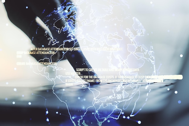 Abstract creative coding illustration with world map and hands typing on laptop on background international software development concept Multiexposure