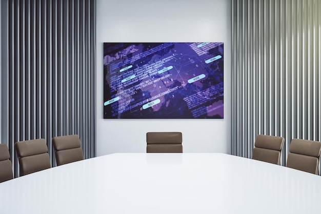 Abstract creative coding sketch and world map on presentation screen in a modern conference room artificial intelligence and neural networks concept 3D Rendering