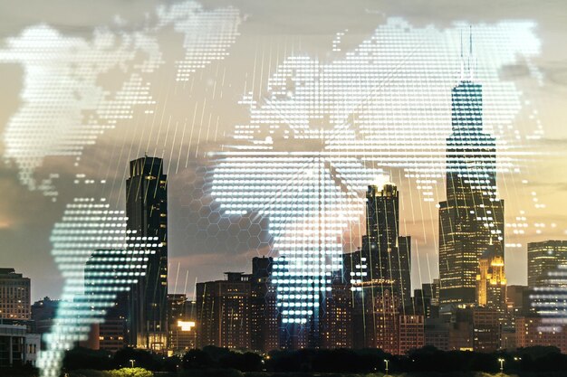 Photo abstract creative digital world map on chicago cityscape background globalization concept multiexposure