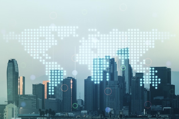 Абстрактная творческая цифровая карта мира на концепции глобализации городского фона Лос-Анджелеса Мультиэкспозиция