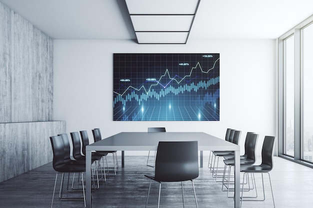 Abstract creative financial chart on presentation tv screen in a modern meeting room research and strategy concept 3D Rendering