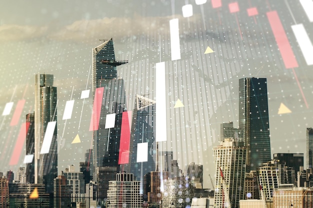 Abstract creative financial graph interface and world map on New York city skyline background forex and investment concept Multiexposure