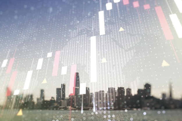 Abstract creative financial graph interface and world map on San Francisco skyline background forex and investment concept Multiexposure