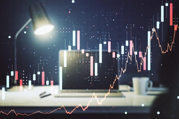 Abstract creative financial graph on modern laptop background financial and trading concept Multiexposure