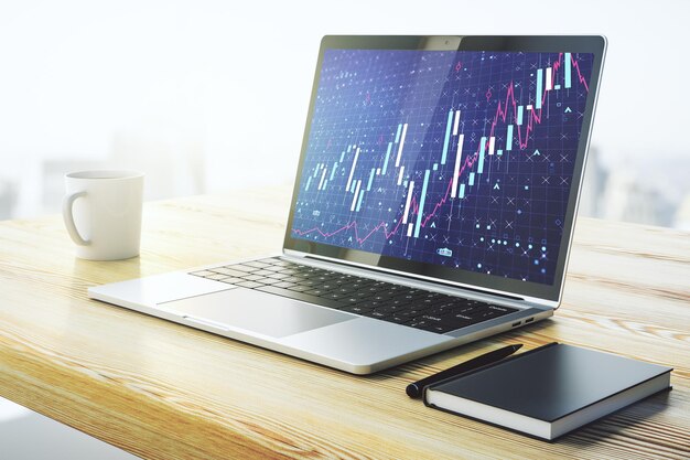 Abstract creative financial graph on modern laptop monitor forex and investment concept 3D Rendering