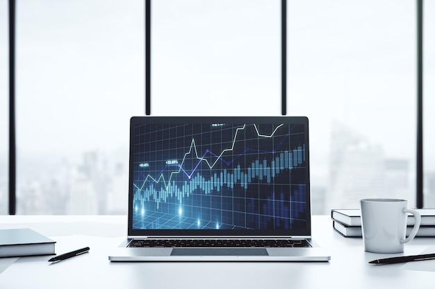 現代のラップトップ画面の外国為替と投資の概念 3 d レンダリングの抽象的な創造的な金融グラフ