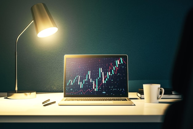 Абстрактный творческий финансовый график на современном экране ноутбука forex и инвестиционная концепция 3D Rendering