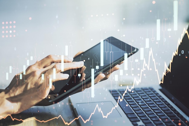 Abstract creative financial graph with finger clicks on a digital tablet on background forex and investment concept Multiexposure