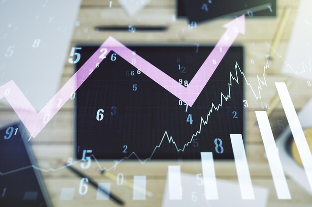 Abstract creative financial graph with upward arrow and modern digital tablet on background top view forex and investment concept multiexposure