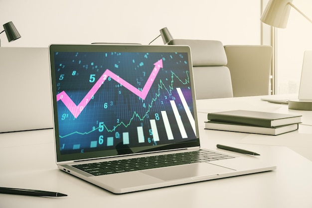 Abstract creative financial graph with upward arrow on modern laptop monitor forex and investment concept 3D Rendering