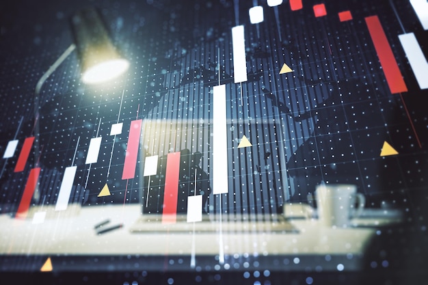 Abstract creative financial graph with world map on modern computer background financial and trading concept Multiexposure