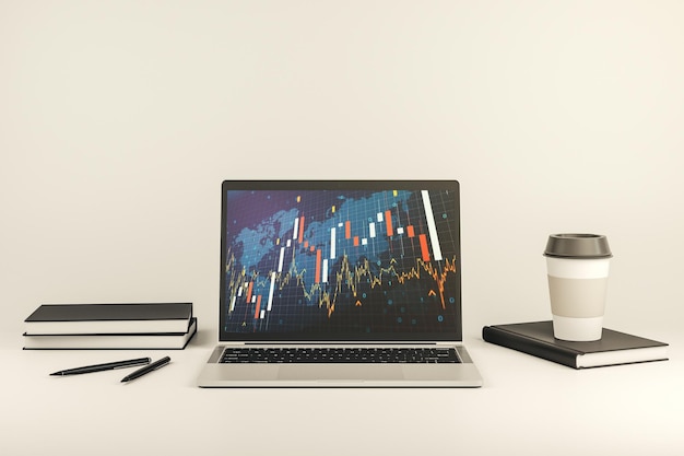 Photo abstract creative financial graph with world map on modern laptop monitor forex and investment concept 3d rendering