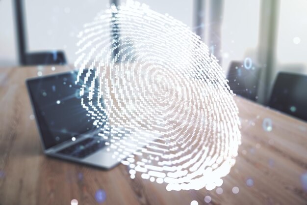 Abstract creative fingerprint concept on modern laptop background Multiexposure