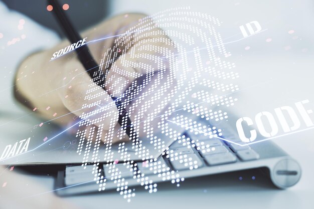 Abstract creative fingerprint concept with hand writing in notebook on background with laptop Multiexposure
