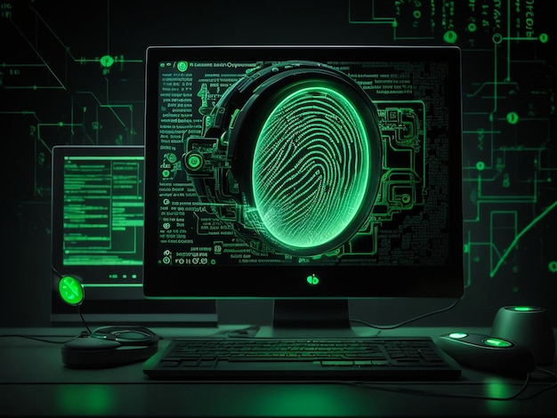 Abstract creative fingerprint hologram on modern computer monitor protection of personal informatio