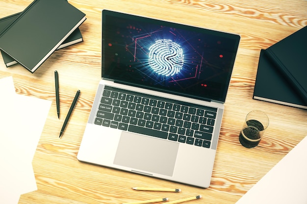 Abstract creative fingerprint hologram on modern computer\
monitor protection of personal information concept 3d\
rendering