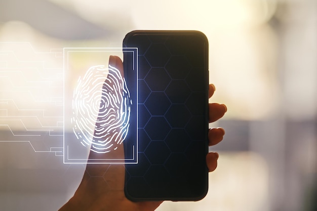 Photo abstract creative fingerprint illustration and hand with mobile phone on background personal biometric data concept multiexposure