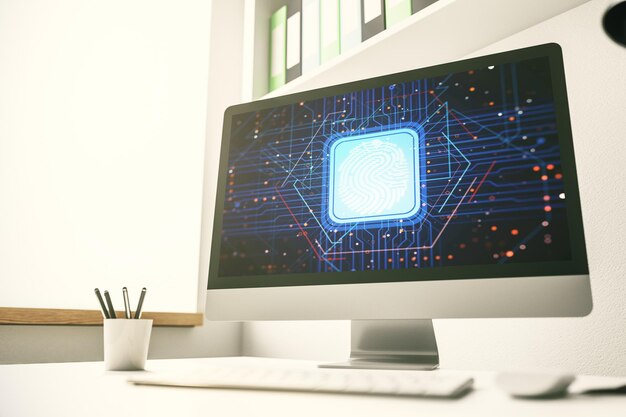 現代のラップトップ モニターのデジタル アクセスの概念 3 D レンダリング上の抽象的な創造的な指紋イラスト