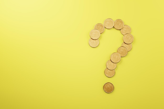 Abstract creative golden coin question mark on yellow backdrop with mock up place Money uncertainty and crisis concept 3D Rendering