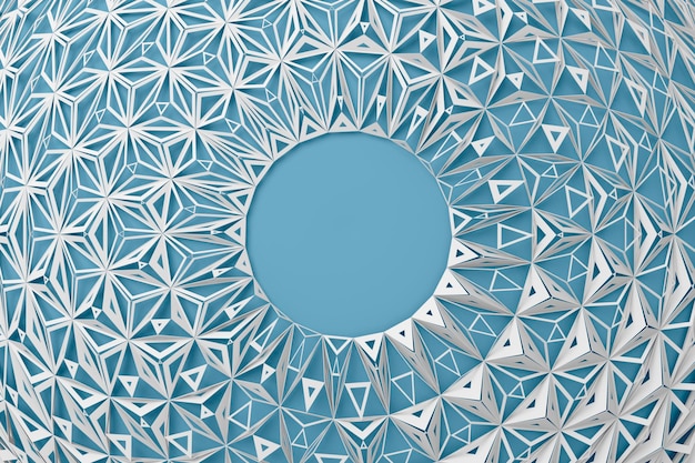 Абстрактный творческий современный синий и белый 3D трехмерный фон сферы с коллапсированием на множество различных треугольников вокруг слоя. 3d иллюстрация