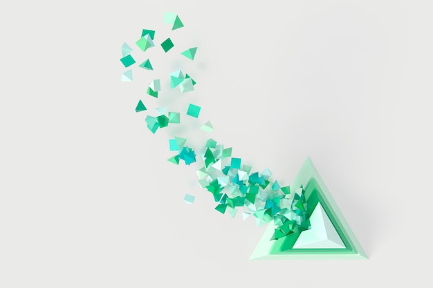 Foto astratto creativo moderno verde chiaro menta sfondo 3d paramid tridimensionale che esplode volando fuori da esso piccole particelle della piramide 3d illustrazione