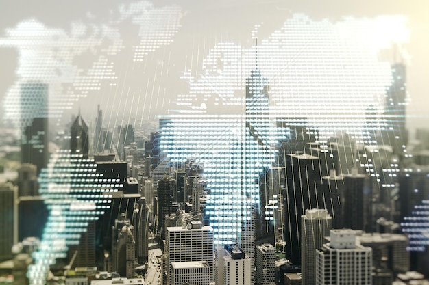 Abstract creative world map interface on chicago skyline\
background international trading concept multiexposure