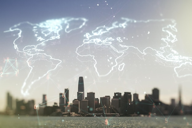 Foto interfaccia di mappa del mondo creativa astratta sullo skyline di san francisco sullo sfondo concetto di commercio internazionale multiesposizione