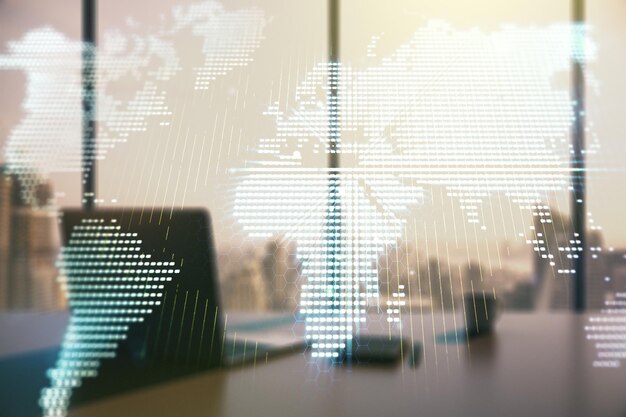 Abstract creative world map and modern desktop with computer on background international trading concept Multiexposure