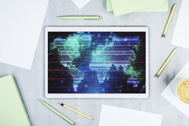 現代のデジタル タブレット画面国際取引概念上の抽象的な創造的な世界地図トップ ビュー 3 D レンダリング