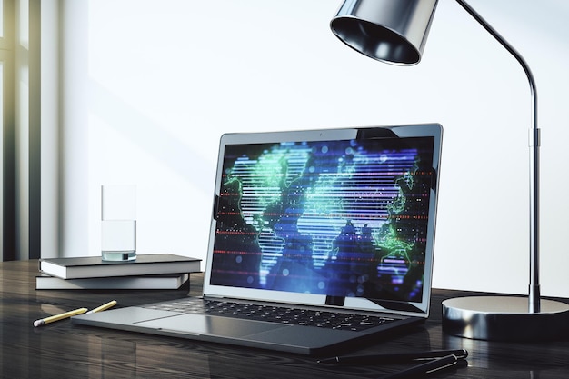 Abstract creative world map on modern laptop screen international trading concept 3D Rendering