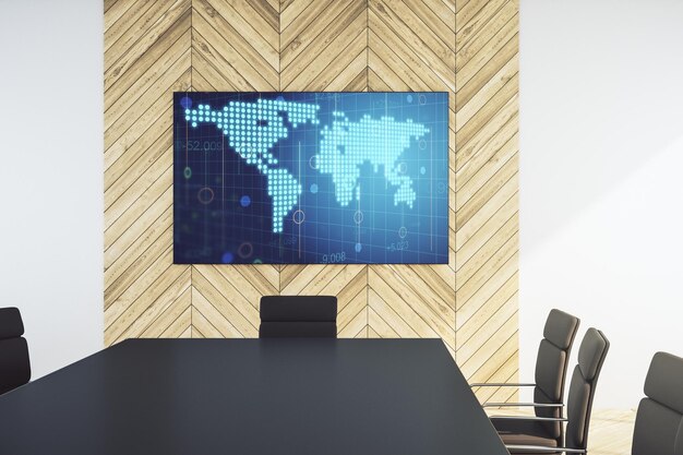 Abstract creative world map on tv display in a modern\
presentation room globalization concept 3d rendering