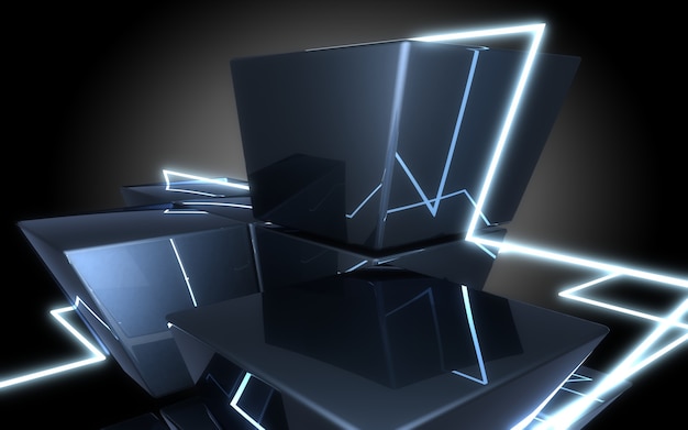 Abstract cubes construction witth neon light.3d illustration