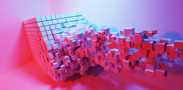 Abstract cubes flow in neon light background