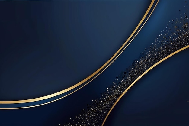 Abstract curve overlapping on dark blue background with glitter and golden lines glowing