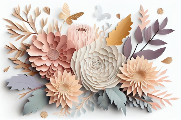 Abstract cut paper flowers isolated on white botanical background festive floral arrangement Rose daisy dahlia butterfly and leaves in pastel color palette Simple modern wall decor Generate Ai