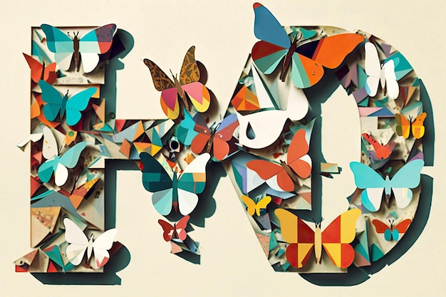 Abstract cutout butterflies in art paper collage with letters created with generative ai