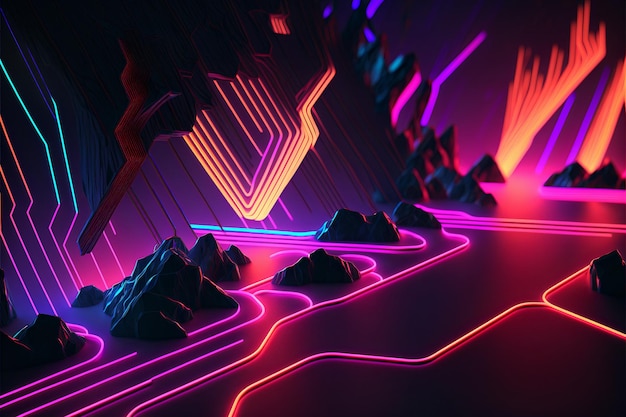 An abstract cyberpunk cave decorated with neon lights